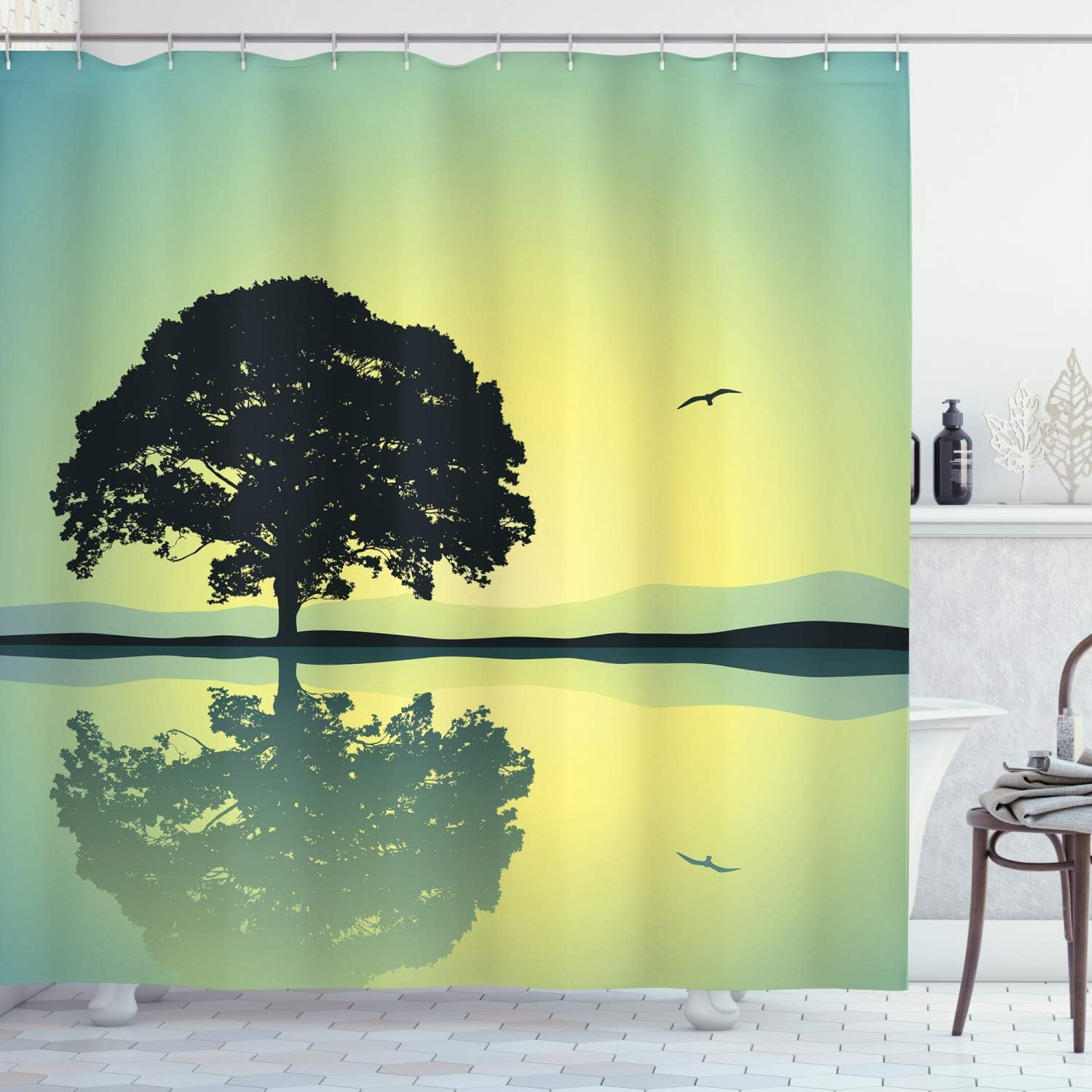 Ambesonne Nature Shower Curtain, Plant Standinglone with Reflection in Water Gulls