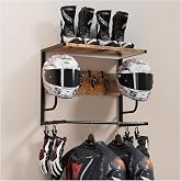 OMISRUIS Motorcycle Helmet Holder Wall Mounted, Helmet Rack Wall Mount with Helmet Rack, 4 Glove Chips and 4 hooks, Rustic Helmets Holder and Motorcycle Helmets Racks for Most of Helmet and Clothes