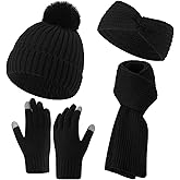 4 Pcs Winter Beanie Hat Scarf Gloves Headband Set Pom Pom Hat for Women Black Touchscreen Glove Long Neck Knit Scarf Wide Headband Cable 4 in 1 Set for Winter(Black)