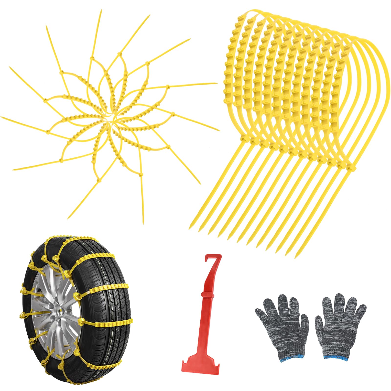 Photo 1 of 12 Pcs Snow Tire Chains - Portable Plastic Non-Slip Anti-Skid Traction Cables for Winter Driving/Fits Most Cars, SUV & Trucks/Emergency Use/Easy to Install & Adjustable (Yellow)