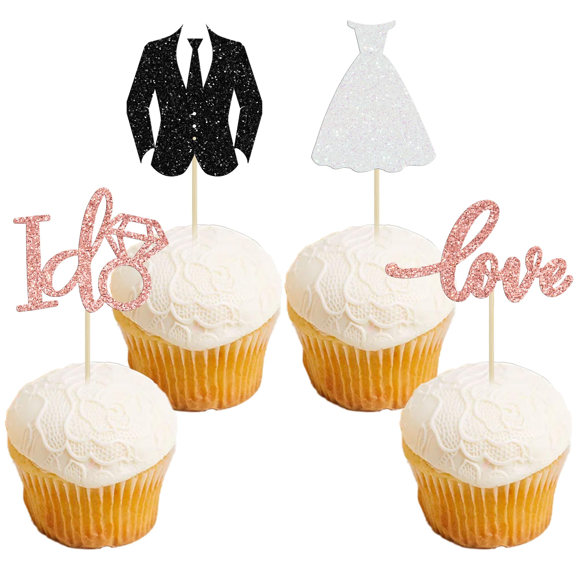 Gyufise 24 Pack Wedding Cupcake Toppers Glitter Groom and Bride Love I Do Cupcake Picks for Bridal Shower Wedding Engagement Party Cake Decorations Supplies