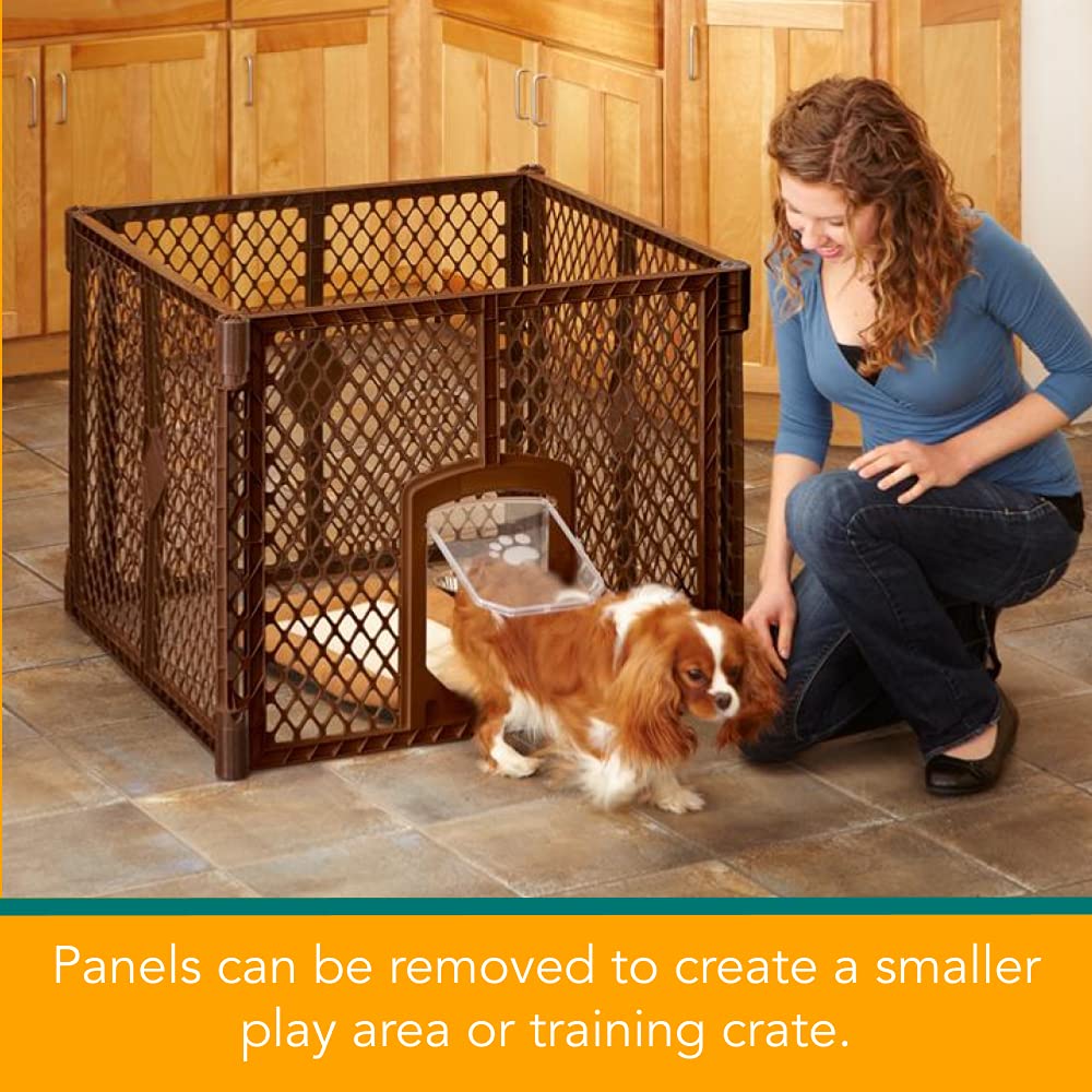 MYPET North States Petyard Passage: 4, 6 or 8 panel pet enclosure with lockable pet door. Freestanding. 7 sq. ft to 34.4 sq. ft. (26" tall), Brown (8799)