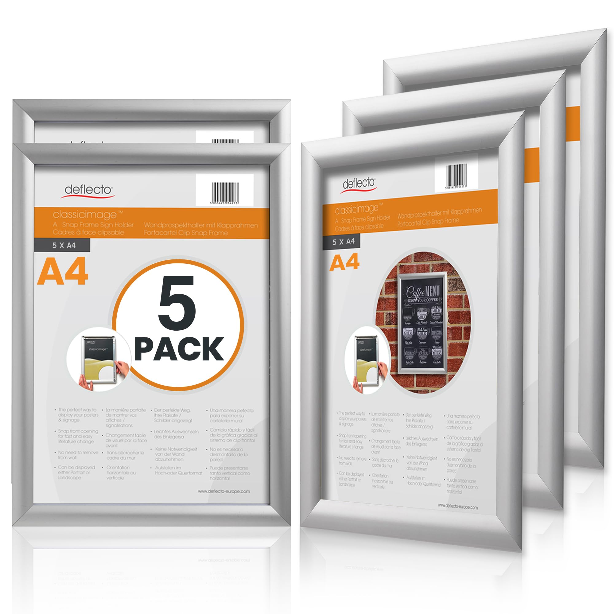 Deflecto Pk 5 x A4 Snap Frame Silver - Aluminium Clip Frames - Wall Mount Picture Frames - Posters Display Holder - Front Opening Picture Frame Clips