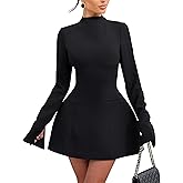 YMDUCH Women's Elegant Long Sleeve Mock Neck Backless A-line Party Mini Dress
