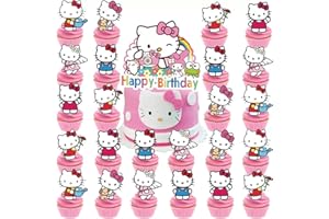 JLEMON 25pcs Kawaii Cat Cupcake Toppers with 1 Happy Birthday Cake Topper, Cute Anime Hello Pink Cat Themed Party Supplies, Perfect for Birthday Party Decorations (Style B)