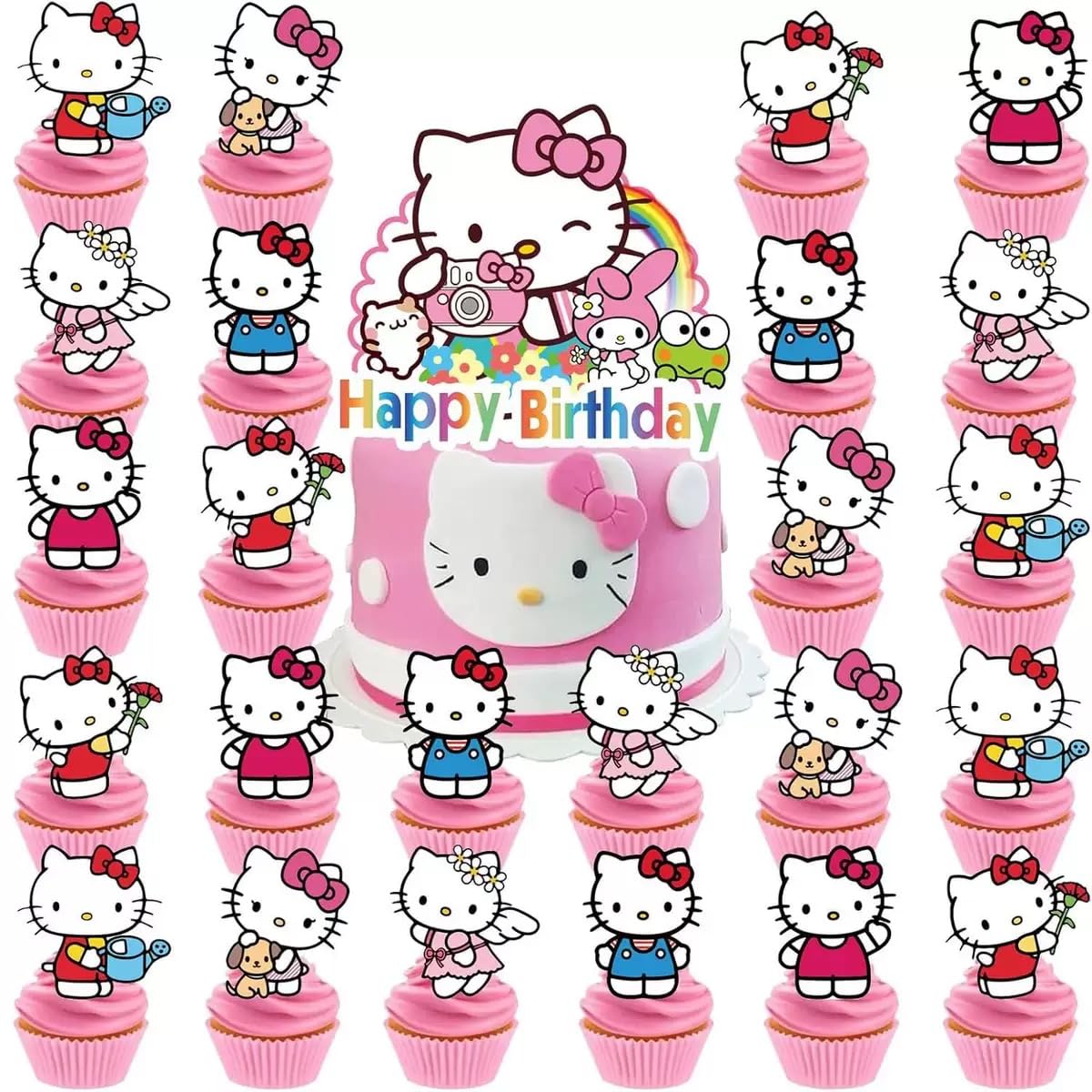 Photo 1 of 25pcs Kawaii Cat Cupcake Toppers with 1 Happy Birthday Cake Topper, Cute Anime Hello Pink Cat Themed Party Supplies, Perfect for Birthday Party Decorations (Style B)