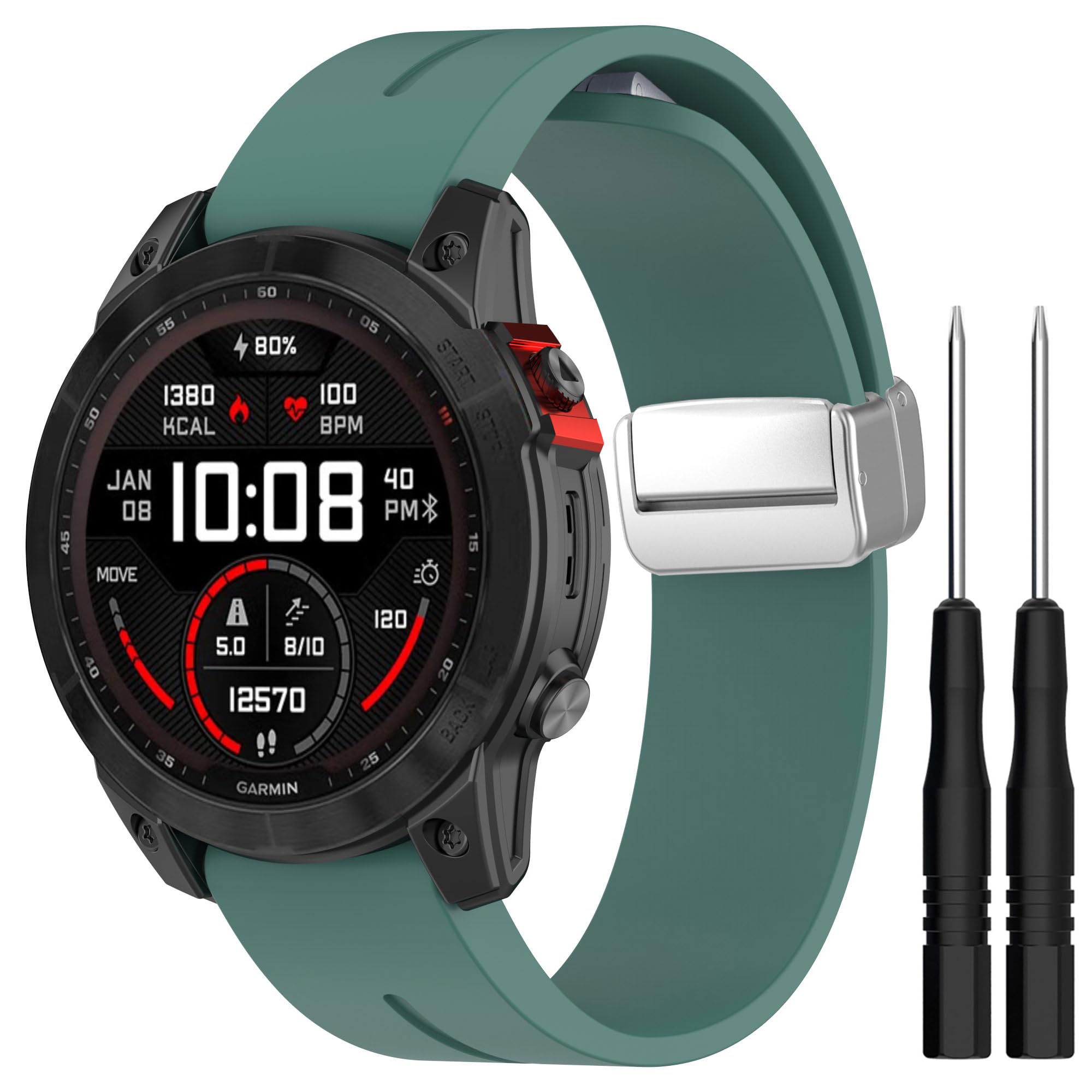 KUTEWEU Strap for Garmin Epix Pro 42mm/Fenix 7S, Folding Magnetic Silver Closure Strap Wristband for Garmin Fenix 7/Fenix 7 Solar/Fenix 7 Sapphire Solar/Garmin Instinct 2/Fenix 5S (Green)