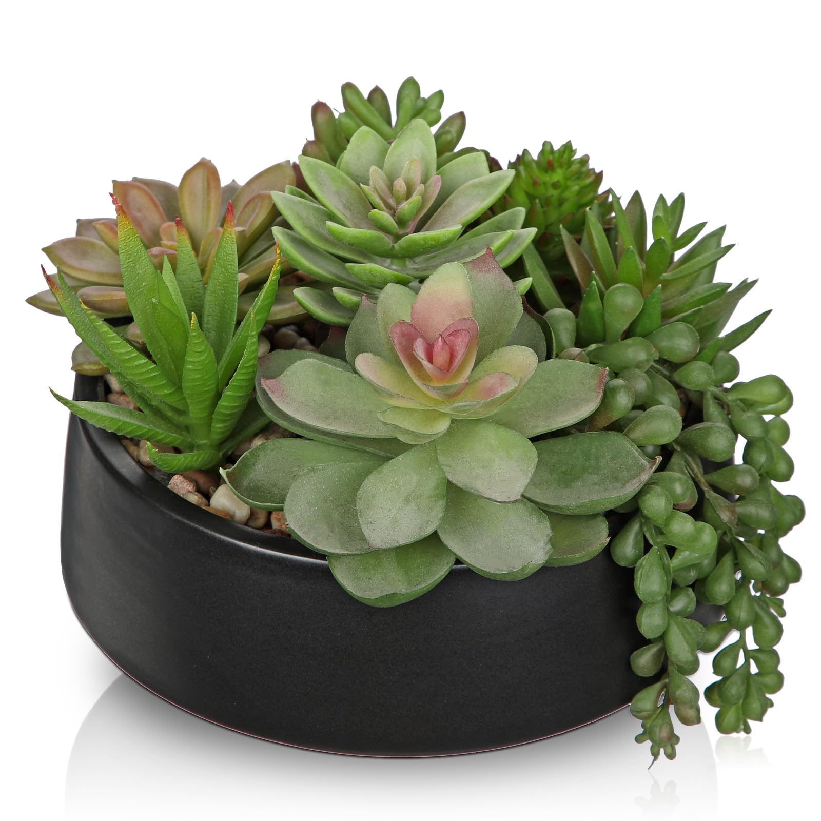Photo 1 of DILATATA Artificial Succulent Plants in Pot 5.5 Inch Fake Succulents Arrangement Potted Plant in Black Ceramic Planter Bowl for Home Office Desk Shelf Living Room Bedroom Bathroom Decor