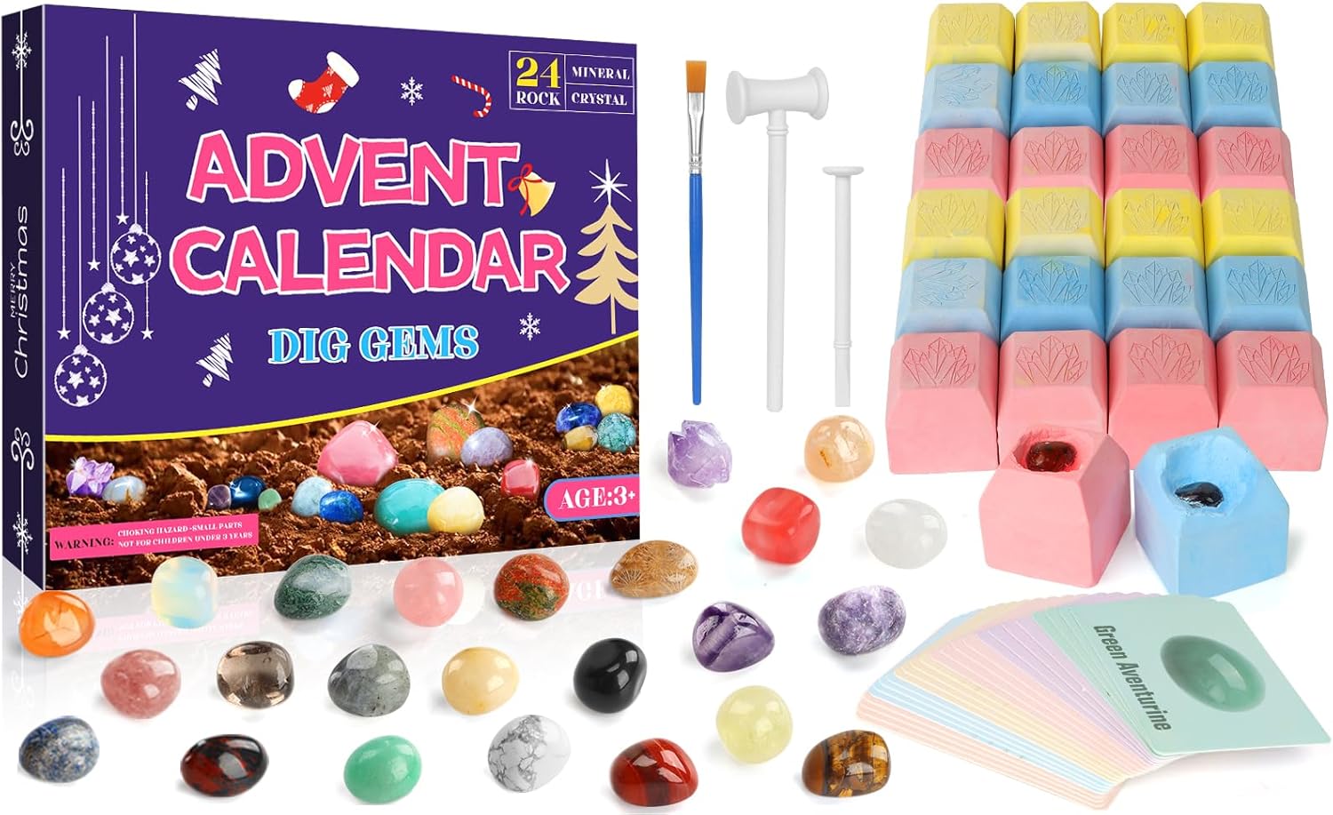 Advent Calendars - JELMOK Gemstone Dig Kit, Advent Calendar 2023 Crystals,Dig up 24 Real Gems,24 Days Natural Crystal Christmas Countdown Calendar Educational Science Kits Gift for Kids Rock Collection Xmas Boys Girls