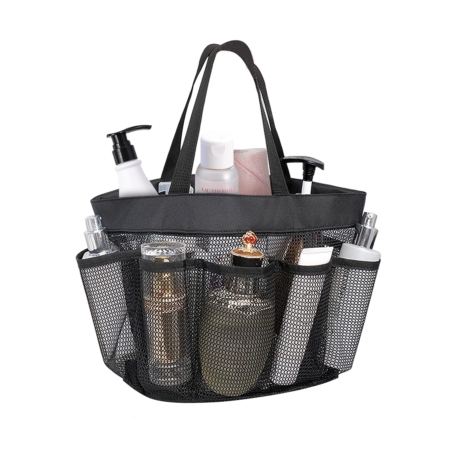 FuninCrea Mesh Shower Caddy, Portable Foldable Quick Dry Mesh Shower Bag With 8 Pockets for Bath Organizer Dorms Beach Travel (Black)