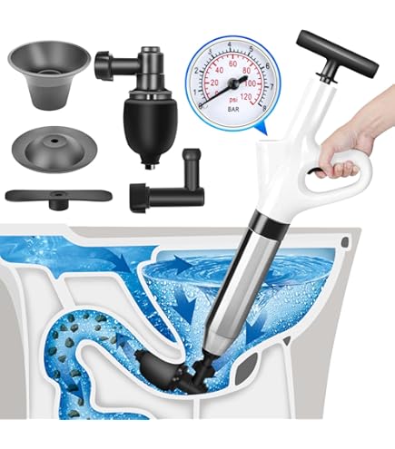 Speetop Air Drain Blaster Toilet Plunger – High Pressure (120 PSI) With 3 Snake Clogs & 4 Heads, Stainless Steel, For Sinks/Bathtubs