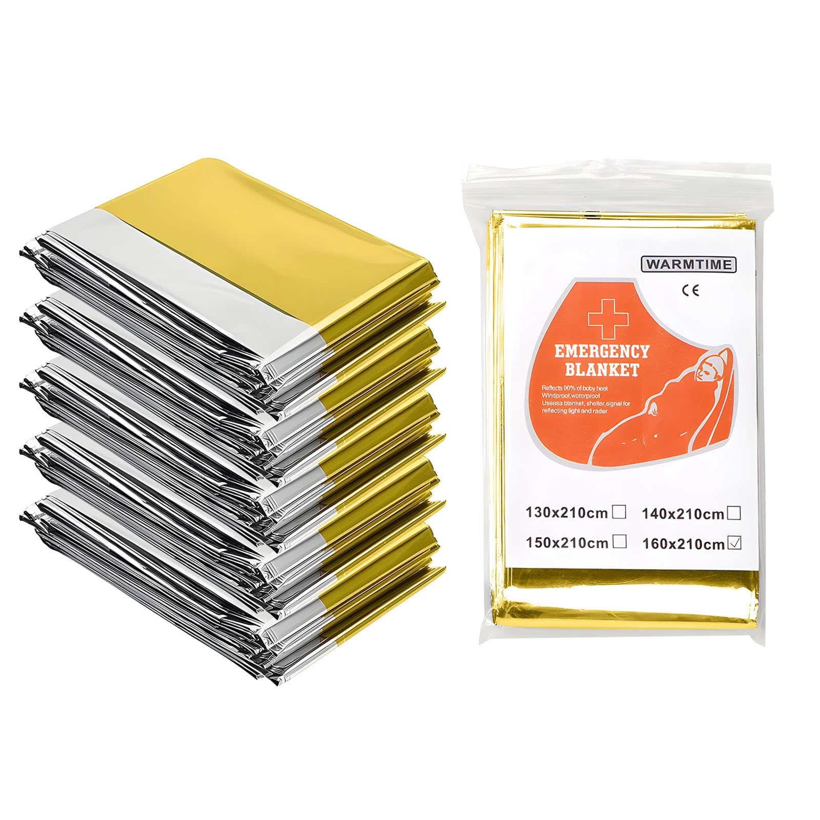 AUSYIWI Emergency Thermal Blanket, 210 x 160 cm, Insulated Blanket for First Aid Waterproof for Rescue Protects Against Cold, Rain, Heat and Wind (Gold & Silver - 5 Pieces)