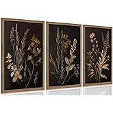 Yudinbin Vintage Dark Botanical Canvas Wall Art Set of 3 Moody Floral Prints with Wood Frame Dark Plant Academia Aesthetic Gallery Painting Wall Decor for Living Room Bedroom or Office 12x16 Inch