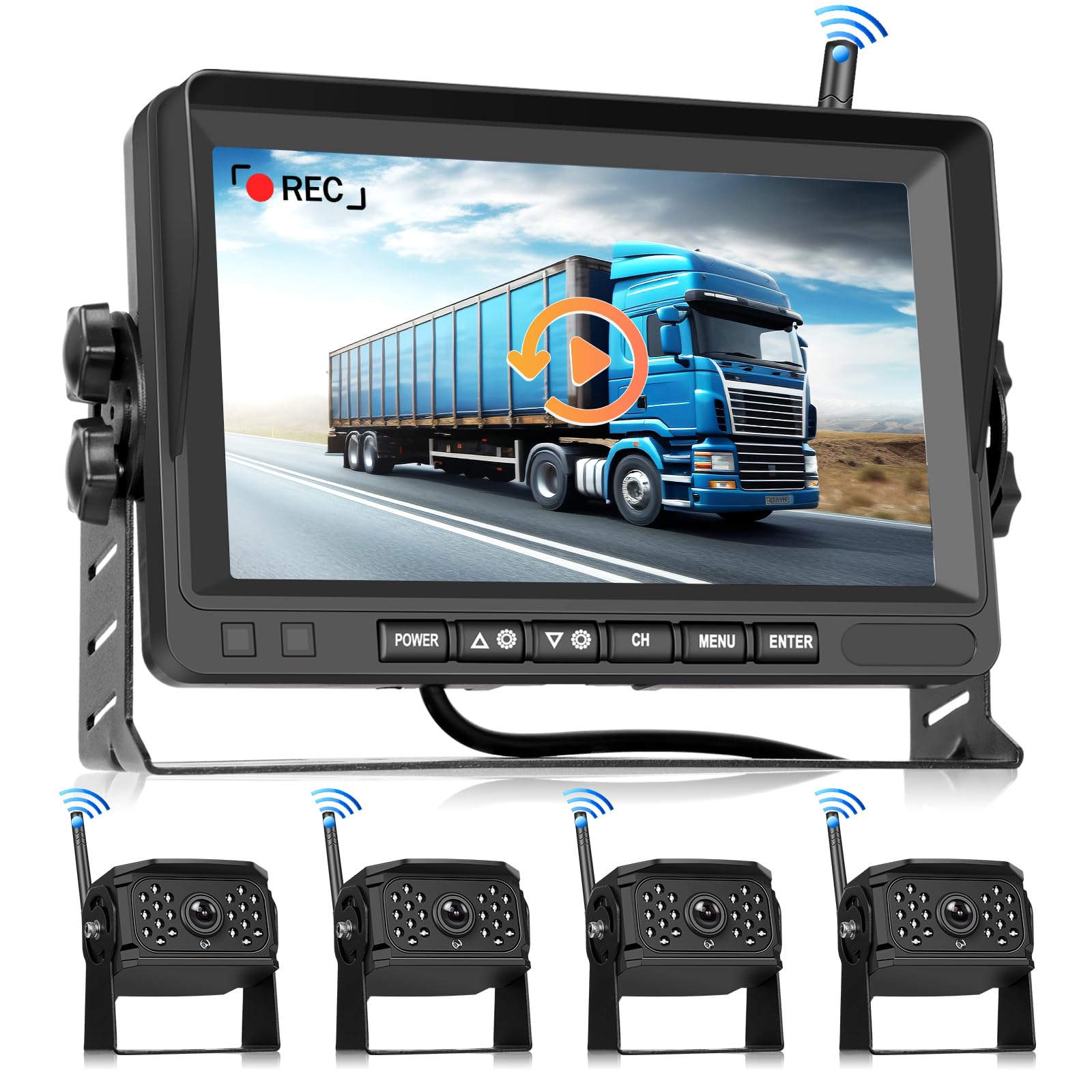 Hodozzy Digital Wireless Reversing Camera Kit Monitor 4 Cameras Split Screen 7 Inch Waterproof Night Vision Front Rear Side View Camera for Trailer Truck Camper 12V-24V-36V Recording Video Playback