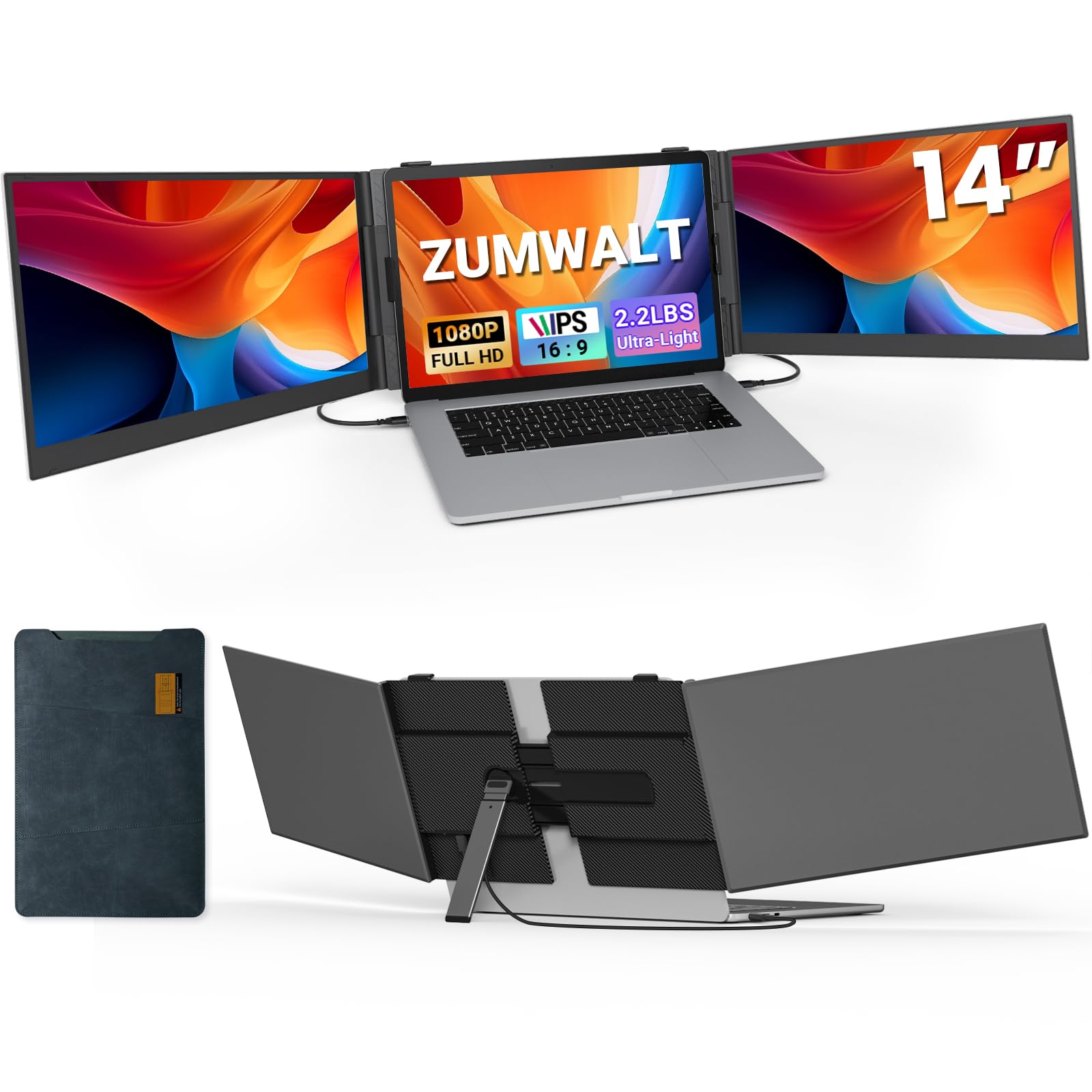 Laptop Screen Extender, Ultra Thin 14" 1080P FHD Triple Portable Monitor
