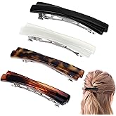 ElevateTech French Barrette Hair Clips for Women, 4 Pcs Small Tortoise Shell Hair Clip 2.56 Inch Curved Glossy Flat Hairs Accessories for Thick Thin Hairs Barrettes, Black, White, Leopard Color, Amber