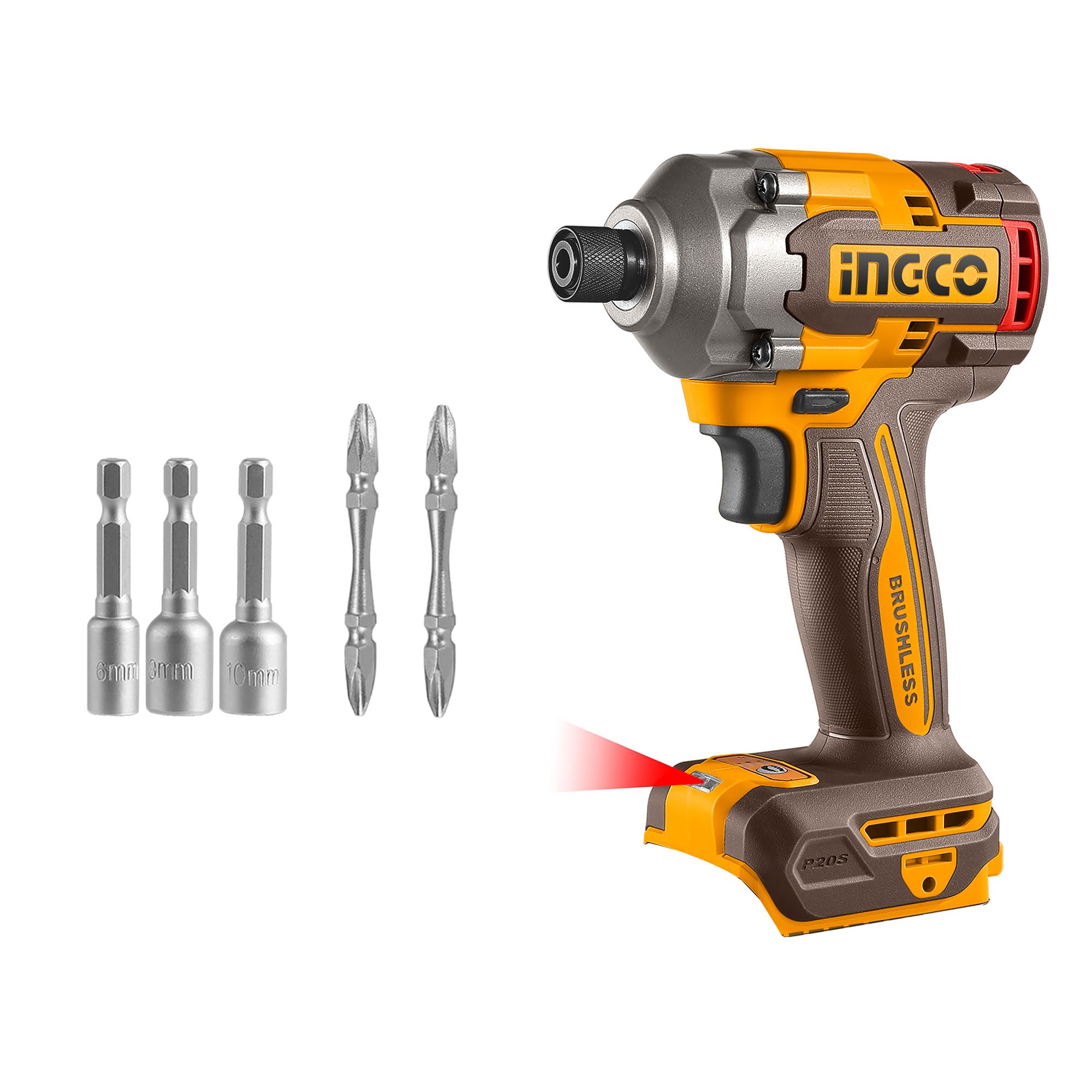 INGCO Li-Ion 1/4'' Hex Brushless Impact Driver (Body Only) 20V Cordless Impact Driver 285NM, 2600RPM, 3 Speed CIRLI20281
