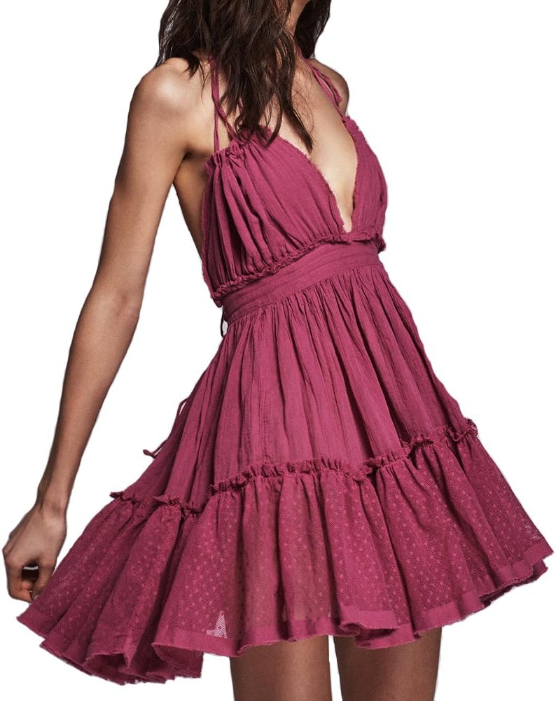 VERGOODR Women's Summer Boho Bohemian Deep V Neck Sexy Patchwork Mini Short Backless Beach Dresses