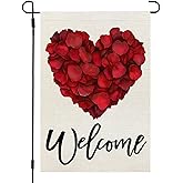 CROWNED BEAUTY Valentines Day Garden Flag Rose Heart 12x18 Inch Double Sided Red Floral Welcome Decoration for Outside Yard CF1920-12