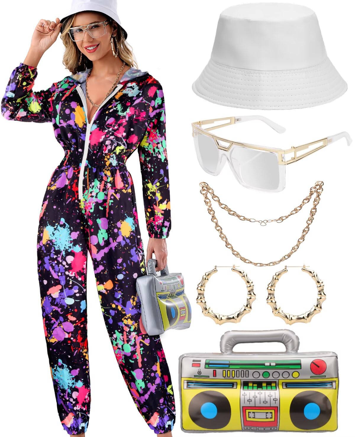 Photo 1 of VillbeCoser Women Hoodies Jumpsuit Set, 80s 90s Neon Costume Tracksuit Outfit One Piece Windbreaker Jacket Rapper Suit