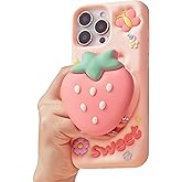 TUFTA Cute 3D Strawberry Pop-Up Stand and Grip Phone Case for iPhone 13 Pro Max, Kawaii Girly Silicone Fruit Cover for Girls and Women, Pink