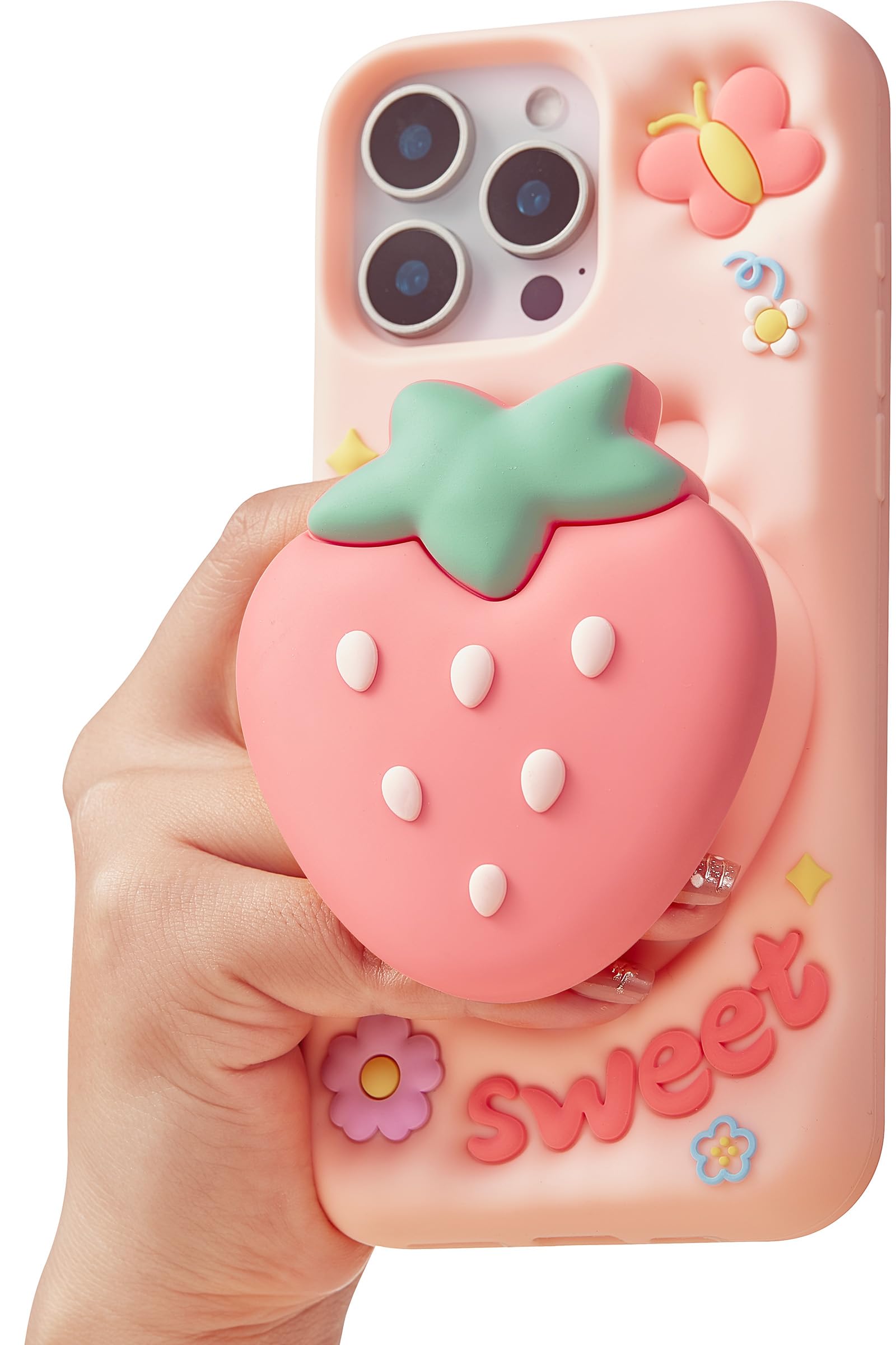 TUFTA Cute 3D Strawberry Pop-Up Stand and Grip Phone Case for iPhone 11 Pro Max, Kawaii Girly Silicone Fruit Cover for Girls and Women, Pink