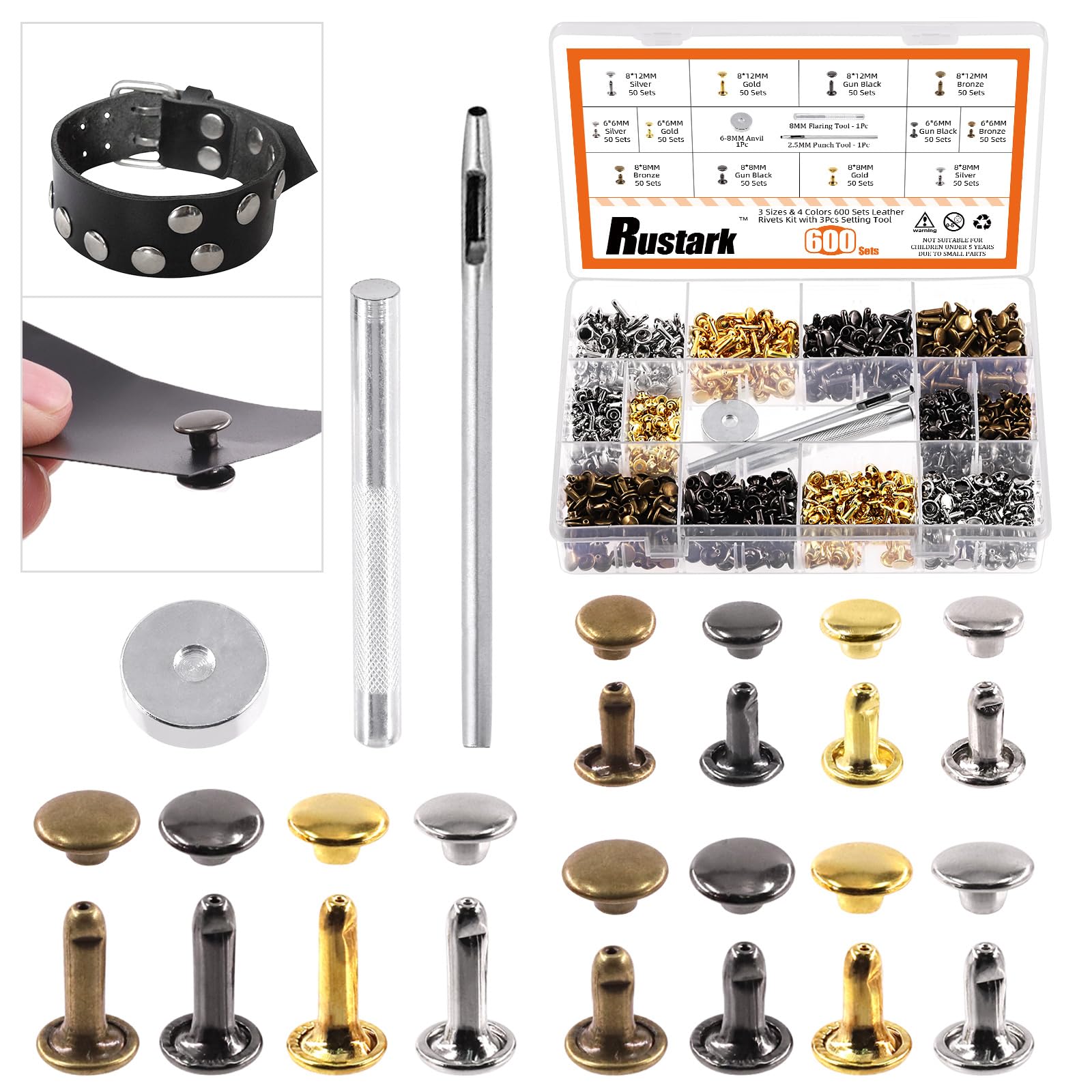 Rustark 600 Sets Leather Rivets Kit 3 Sizes 4 Colors Double Cap Rivet Tubular Metal Studs with Setting Tools Kit for DIY Leather Craft (6x6mm, 8x8mm, 8x12mm)