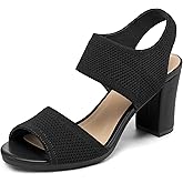 mysoft Women's Chunky Block High Heels Elastic Knit Open Toe Slingback Heeled Sandals