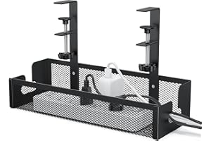 Auvo ACM01 Under Desk Cable Management Tray, No Drill Metal Mesh with Clamp Mount, 2 Hole Cord Organizer for Home Office Stan
