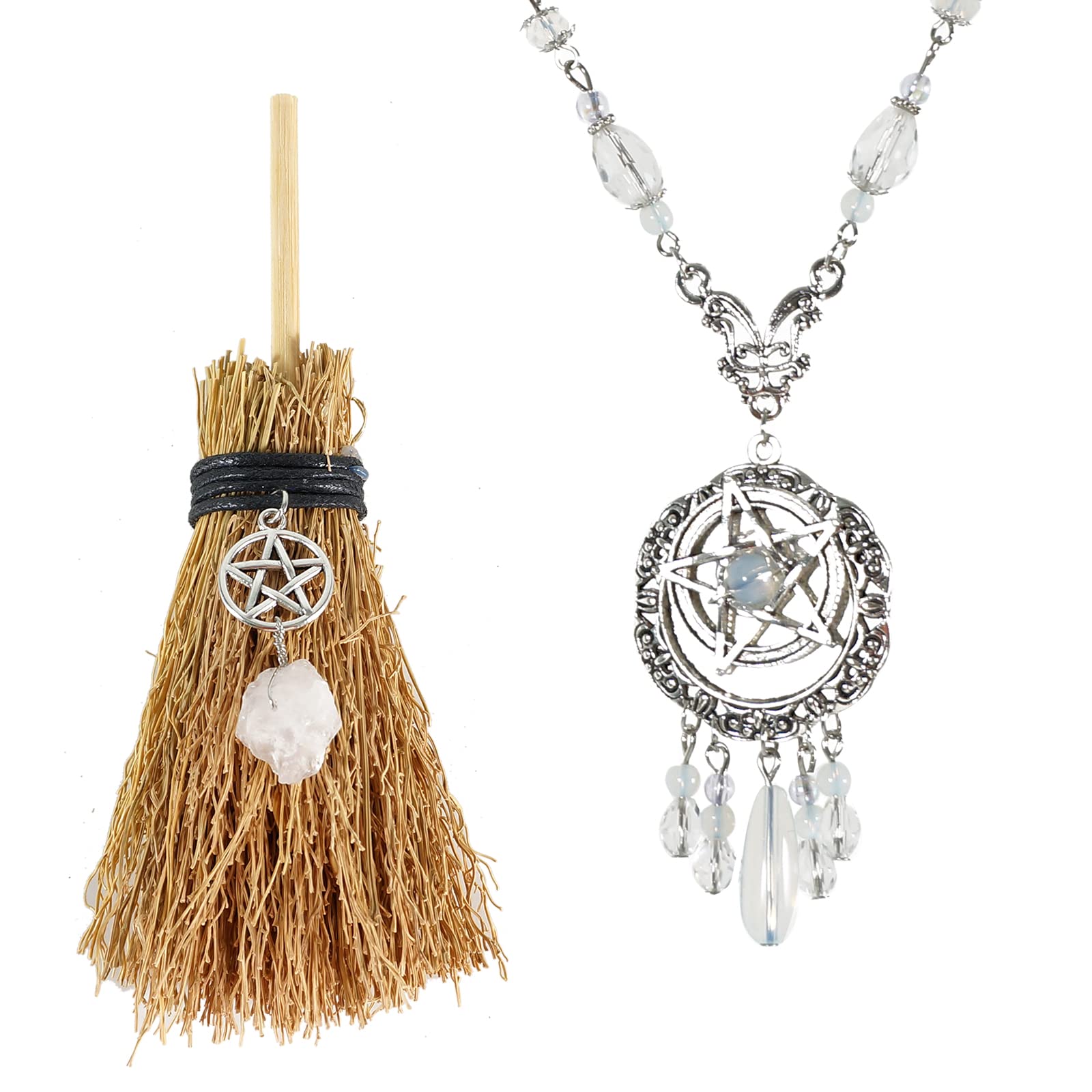 Soulnioi Crystal Witch Mini Broom Straw Broom with Crystal Pendant Decoration and Opal White Magic Necklace