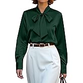 CBOO Women's Bow Tie Neck Button Down Shirts Silk Blouses Long Sleeve Elegant Satin Blouse Casual Dressy Business Tops