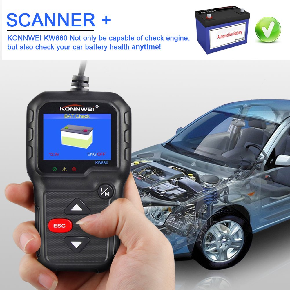 OBDII Automotive Code Reader KONNWEI KW680 OBD2 Car Diagnostic Scanner Full OBD2/EOBD Functions Car Scan Tool Vehicle Engine Fault Scanners With Extra BAT Check, O2 Sensor, On-board Monitoring Test
