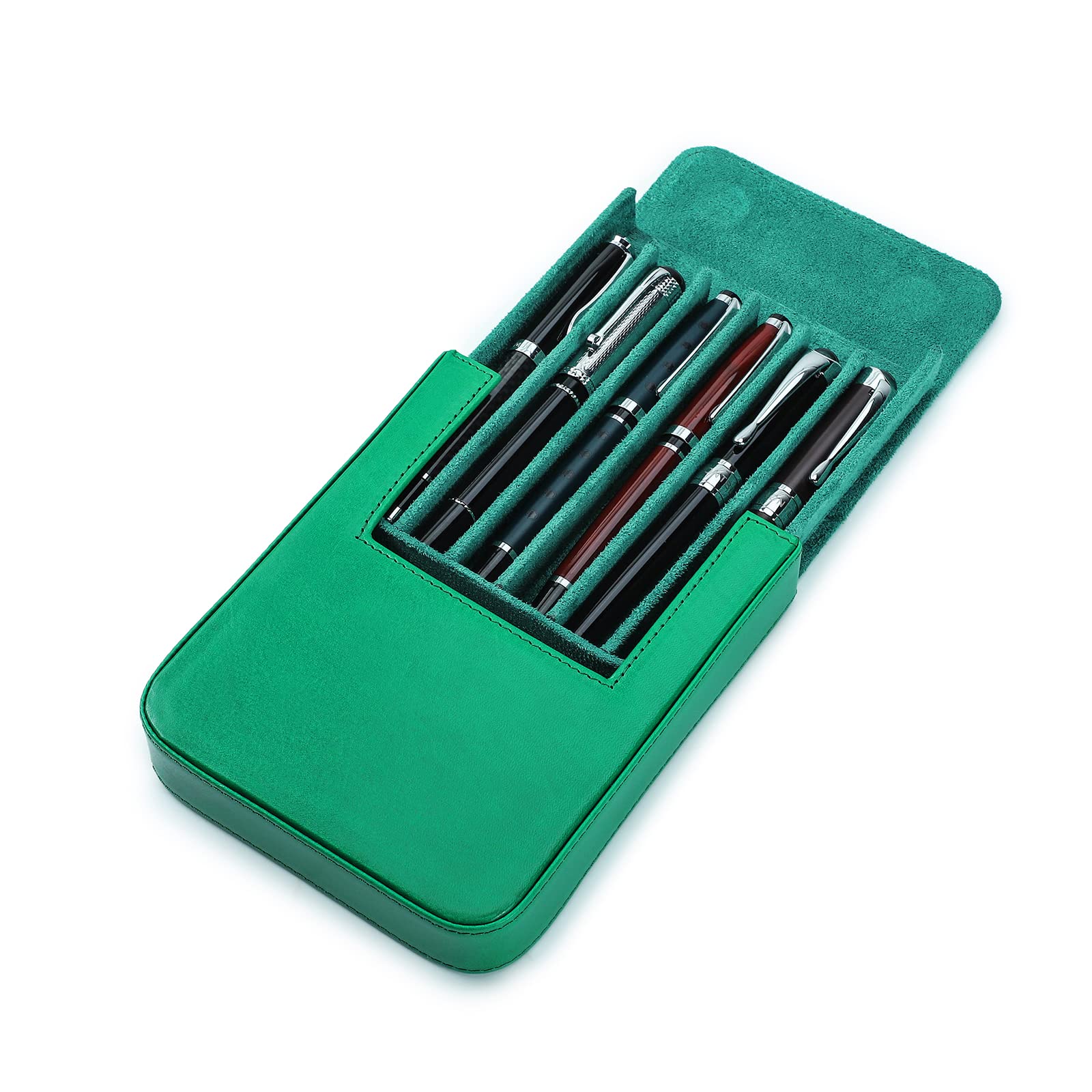 Hiram Leather Pen Case for 6 Pens Portable Vegetable Tanned Leather Made Pen Storage Box with Hidden Magnetic Snap Closure and Pen Tray Drawer Holder Design (Green)