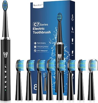 Coulax Pro Sonic Electric Toothbrush 8 Brush Heads 5 Modes Rechargeable