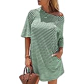 EXLURA Women's Summer T Shirt Dress Casual Short Sleeve Loose Striped Mini Dresses 2026 Vacation Beach Sundress Pockets