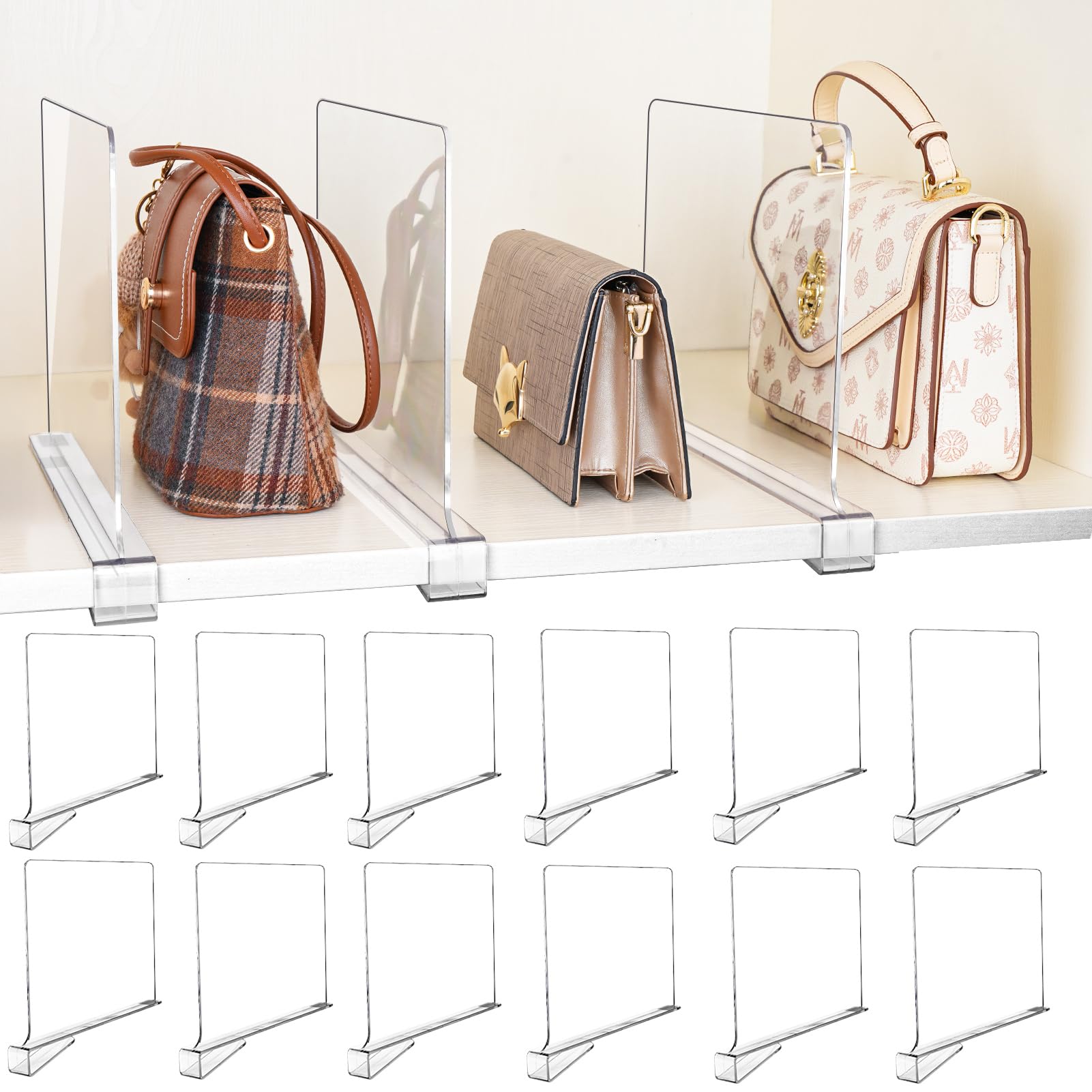 Photo 1 of 12 Pack Shelf Dividers, Adjustable Shelf Dividers for Closet Organization with Non-Slip Design, Clear Acrylic Shelf Dividers for Clothes, Handbags, Purses, Towels, Bookshelf in Home Organization