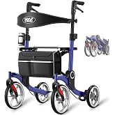 VOCIC Z36 Walker for Seniors with Seat, 15lbs Ultralight, 9.5" Wheels | Ultra-Compact Aluminum Rollator Walker, Supports 300LBS, Indoor &amp; Outdoor Use for Elderly, Detachable Shopping Bag, Blue