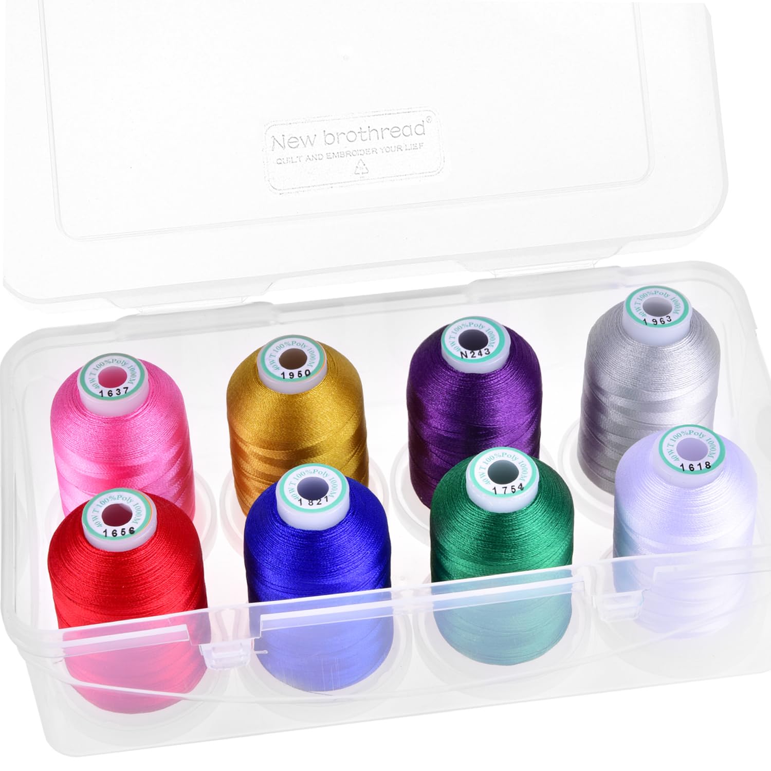 New brothread - 15 Options - 8 Snap Spools of 1000m Each Polyester Machine Embroidery Thread with Clear Plastic Storage Box for Embroidery & Quilting - Christmas Colour