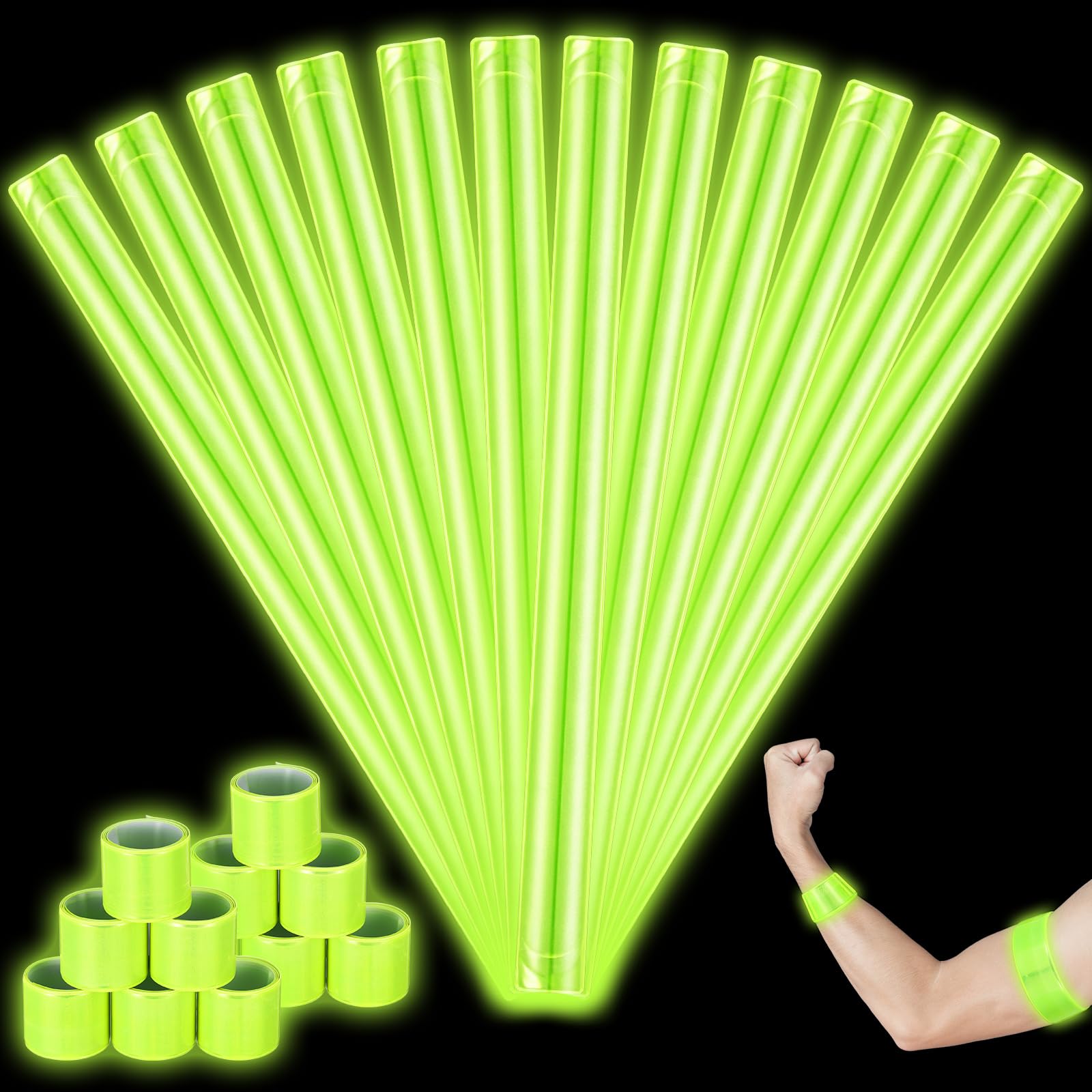 Photo 1 of Halloscume 12 Pcs Reflective Arm Bands 15.75 in Reflective Snap Bands Slap Bracelets High Visibility Safety Ankle Strips for Night Walking Cycling Running Jogging Hiking(Green)