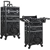 FRENESSA 3 in 1 Rolling Makeup Case Cosmetology Case on Wheels Alpine Black | Cosmetic Trolley Large Storage with Keys 360&deg; Swivel Salon Barber Case Traveling Cart Trunk for Artist Hairstylists Nail Tech