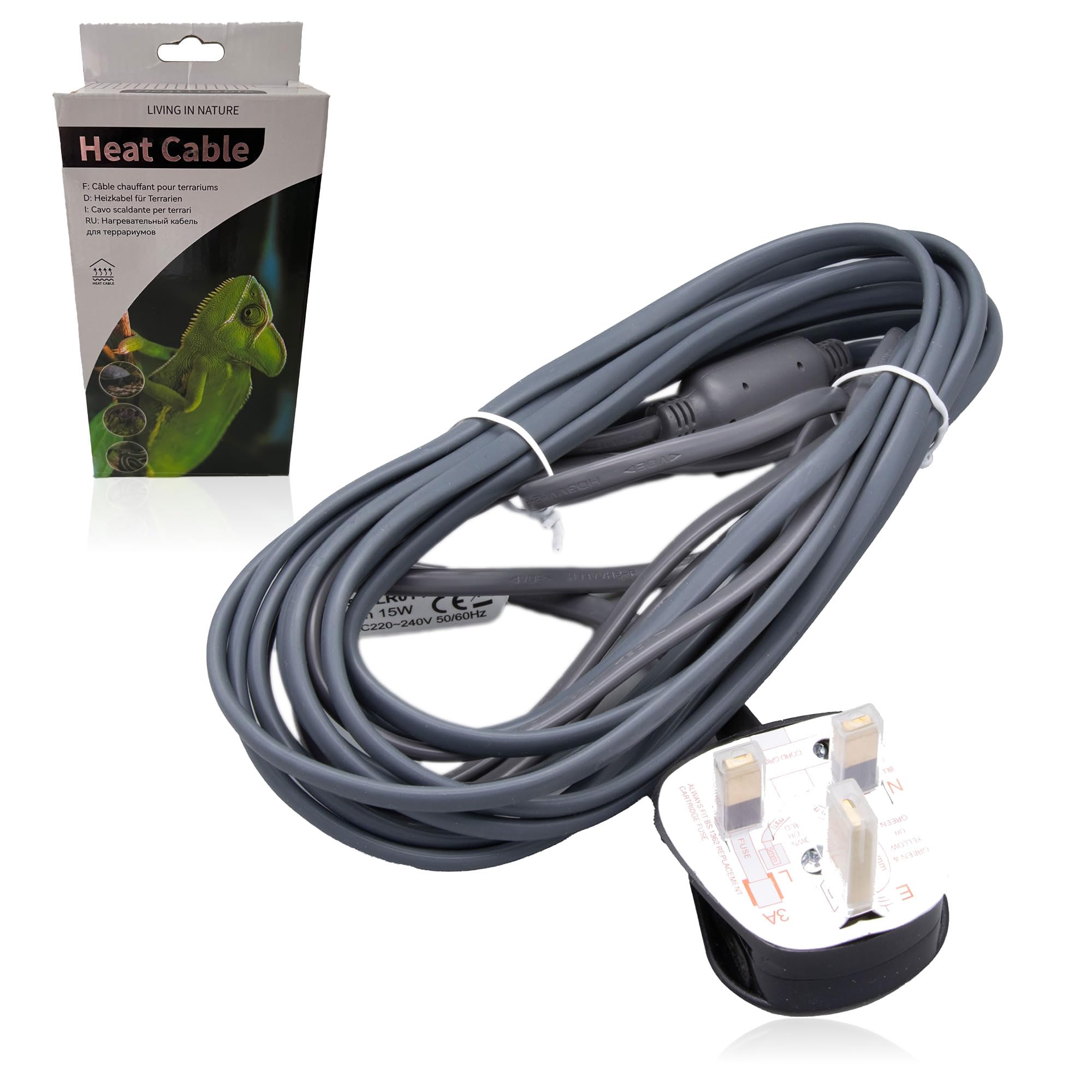 15 Watt, 4m Heat Cable for Reptiles, Vivariums, Snake Racks, with additional 1.7m Flex, 3-Pin UK Plug, Total Length 5.7 metres