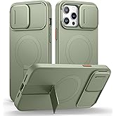 SURITCH for iPhone 13 Pro Max/12 Pro Max Case with Magnetic Camera Slide Cover and Adjustable Kickstand, Compatible with MagSafe, Shockproof Bumper Case Slim Protective Cover 6.7 Inch, Green