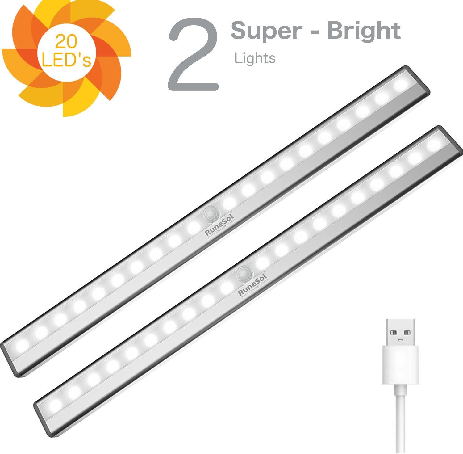RuneSol® 2 Pack Motion Sensor 20 LED Rechargeable Light Bar | Sensor Wardrobe Light |Portable LED Closet Night Light with Stick-On Magnetic Strip for Wall Closet Cabinet | Stairs and Drawer Light