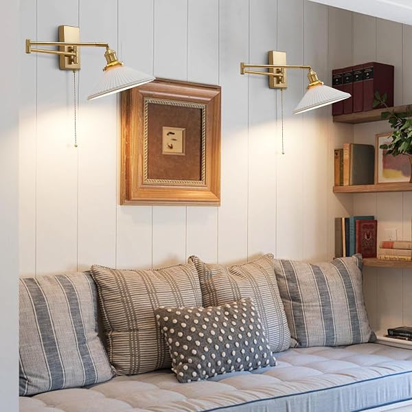 MAGIROZ WALL SCONCES SET OF 2 BRUSHED GOLD WALL MOUNTED SWING ARM LIGHT FIXTURE RETRO INDUSTRIAL HARDWIRED WALL LAMPS WITH PULL CHAIN BATHROOM VANITY SCONCES WALL LIGHTING INDOOR WALL LIGHTS MWL14A-2