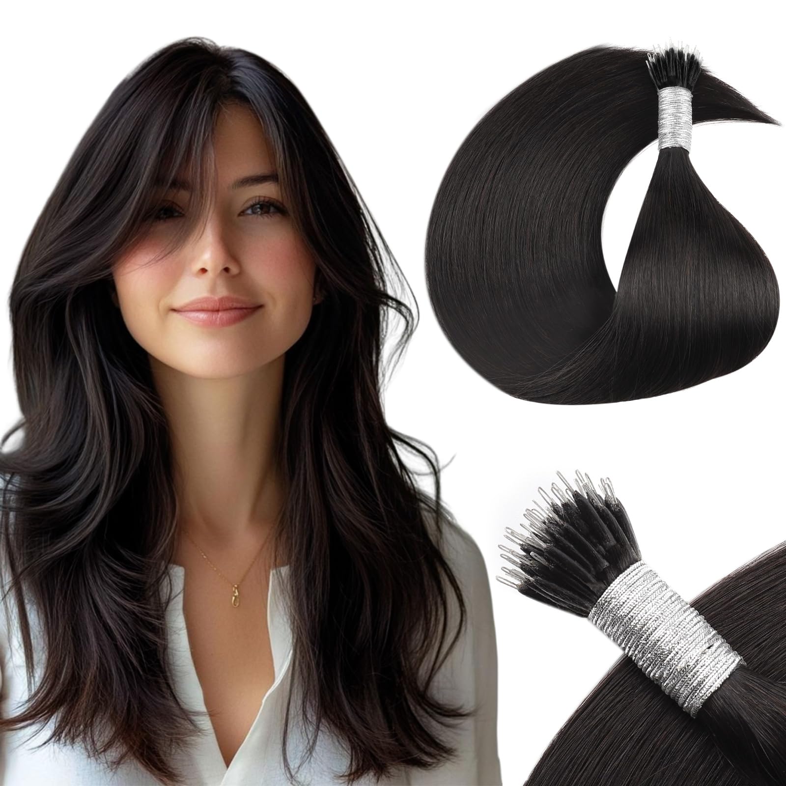 Yuniffe Nano Hair Extensions Real Human Hair Off Black Nano Ring Hair Extensions Remy Straight Nano Beads Extensions Natural Human Hair Long Straight 22 Inch 50g/50s