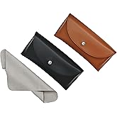 2-piece glasses case hard shell, travel sunglasses case with cleaning cloth, leather hard women's and men's reading glasses case, brown, black