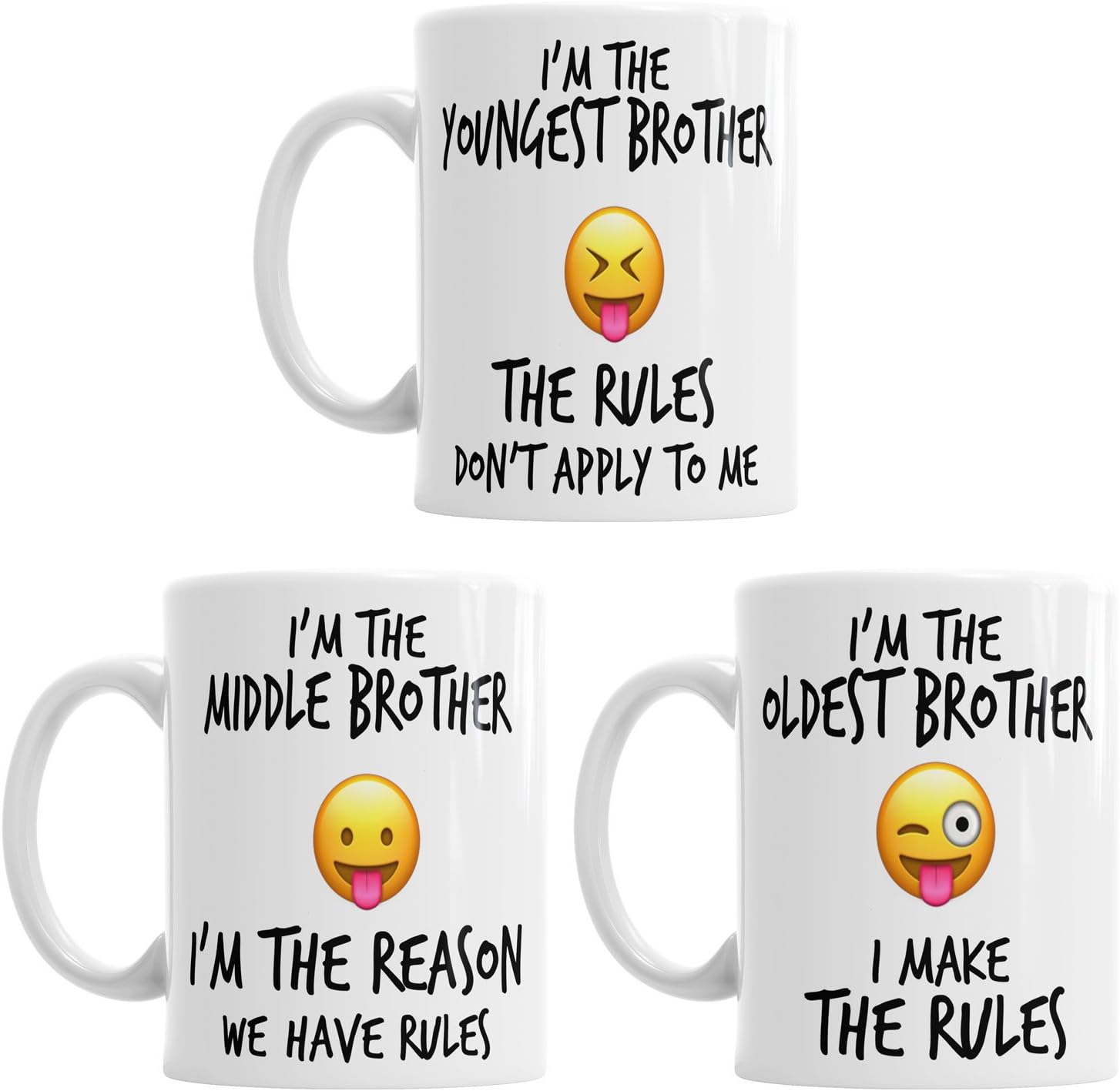 Gift Original Set of 3 Funny Brother Sibling Rules 11oz Mugs - Youngest, Middle and Oldest White Glossy Ceramic Cups, Dishwasher and Microwave Safe