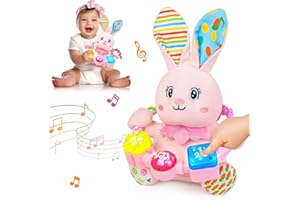 Ryotagift Baby Bilingual Musical Rabbit Stuffed Animals Toys,Infant Early Learning Toys with Light-Up Music & Crinkle,Tummy Time Toys for 0 3 6 9 12+ Months for Baby Boy Girl Gift,Pink