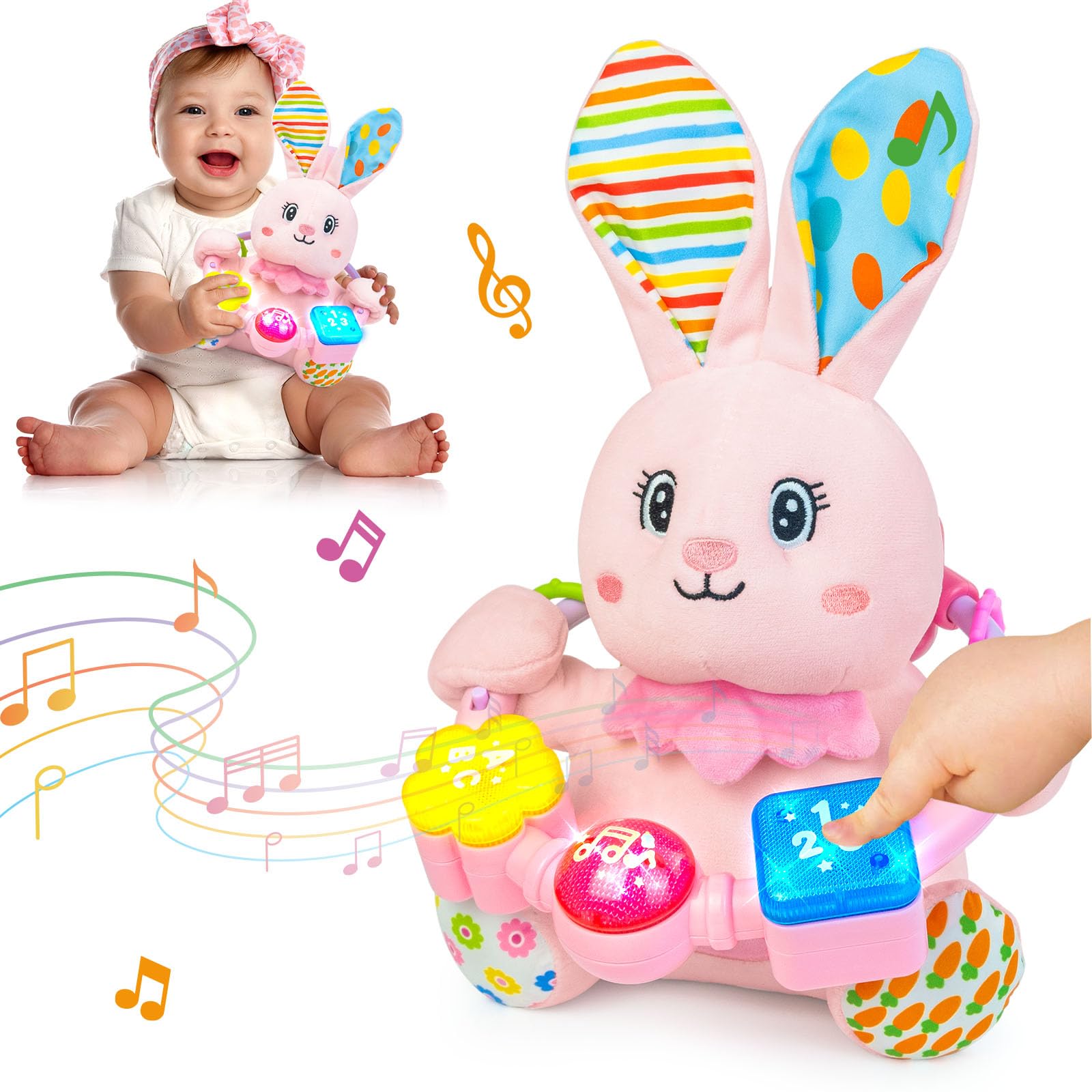 Ryotagift Baby Bilingual Musical Bunny Stuffed Animals Toys,Infant Early Learning Toy with Light-Up Music & Crinkle,Tummy Time Toys for 0 3 6 9 12+ Months for Baby Boy Girl Gift,Pink