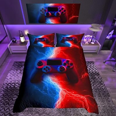 Loussiesd Gamer Bedding Set Double Size Red Blue Duvet Cover 3 Pcs